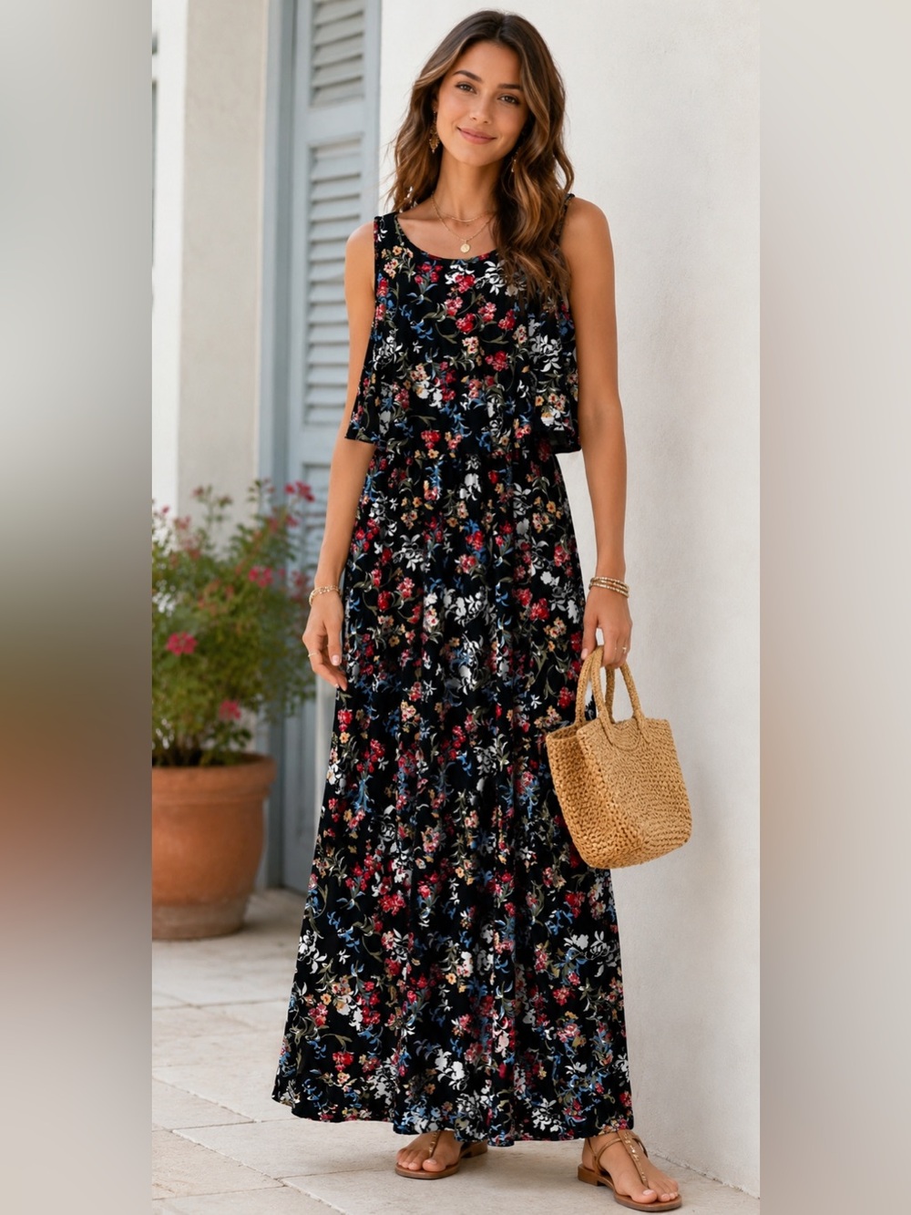 Black Floral Maxi Dress Sleeveless Flowy layered Boho Romantic cottagecore